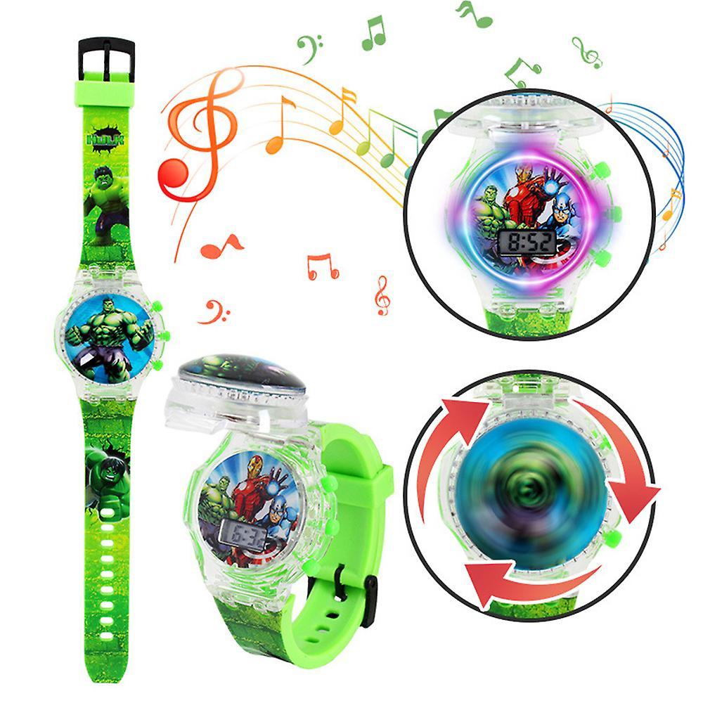 Mylight Kids Cartoon Watch Flashing Light Up Musical Spinning Top Flip Cover Wristwatch Hulk