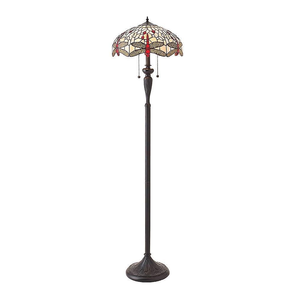 Interiors 1900 Lighting Dragonfly 2 Light Floor Lamp Dark Bronze, Beige, Tiffany Style Glass, E27