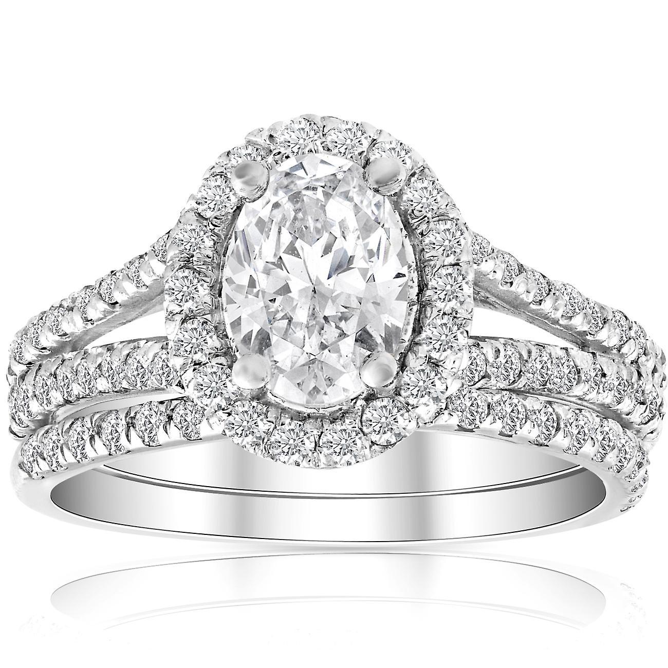 Pompeii3 1.75Ct Diamond & Oval Moissanite Engagement Wedding Ring Set 14k White Gold 6.5