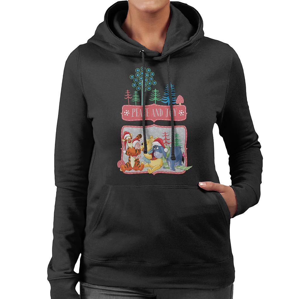 Disney Christmas Winnie The Pooh Peace And Joy Women's Hooded Sweatshirt Black Small