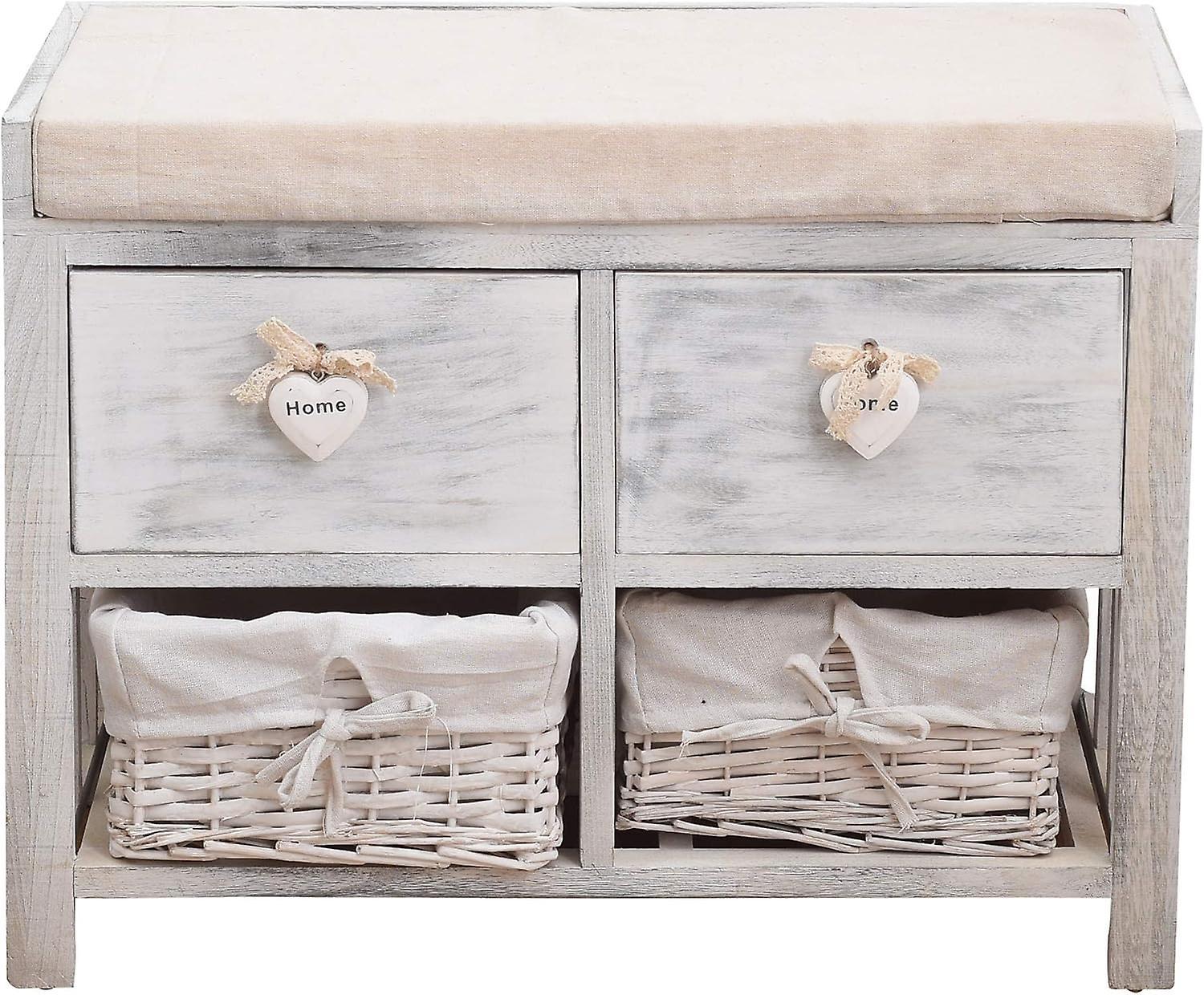 Mobili Rebecca Rebecca Furniture Bench 2 Drawers 2 Baskets Wood Wicker White Shabby Chic 46x60x30