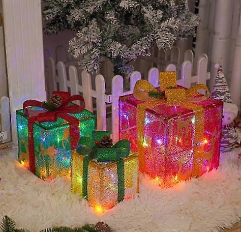 Unbrand Set of 3 Christmas Lighted Gift Boxes, Pre-lit Light Up Present Boxes Decor for Indoor Outdoor Xmas Tree Home Yard Lawn Xmas Gift Elk