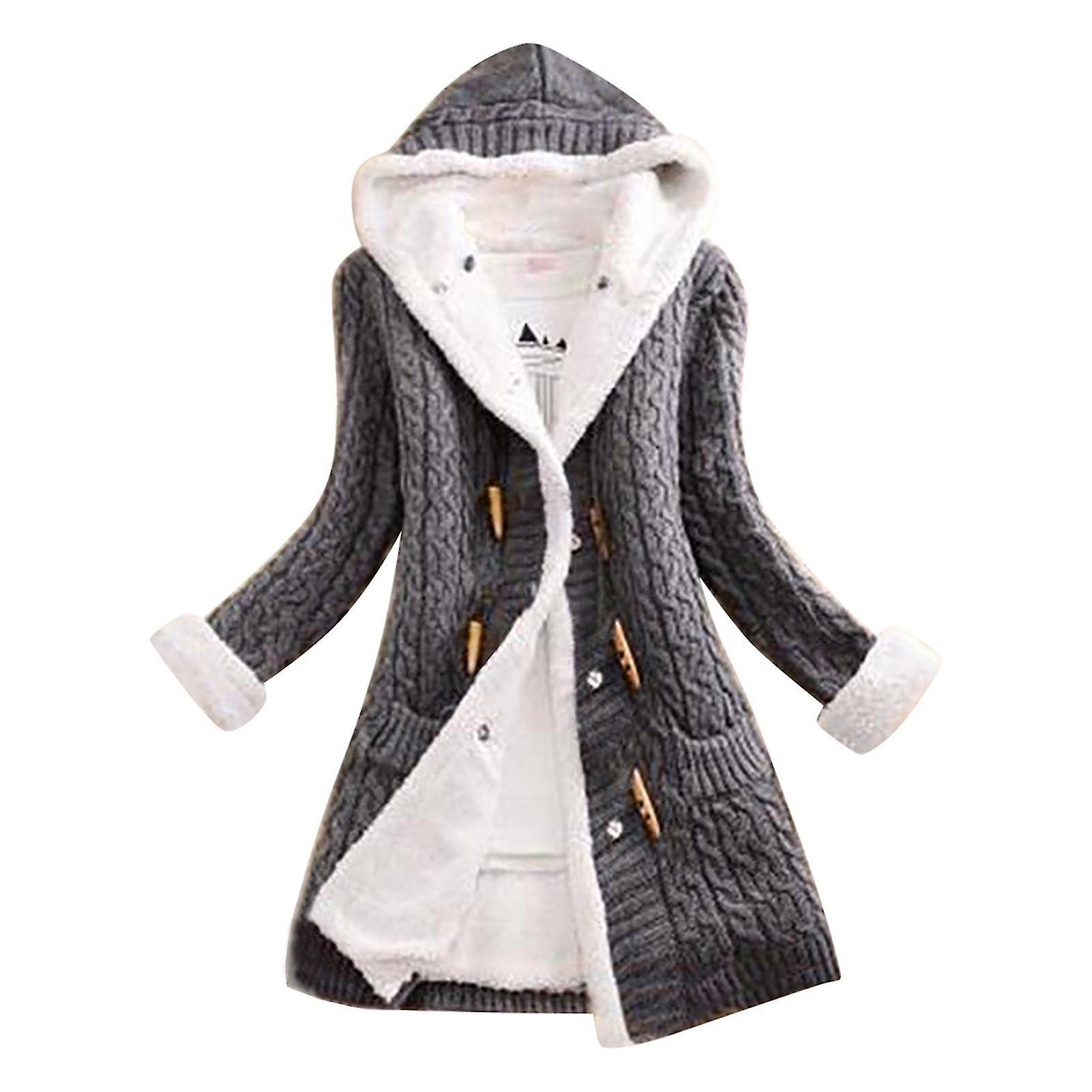 Dint Women Hooded Cardigans Thick Plush Lined Knitted Sweater Coat With Pockets Gray L