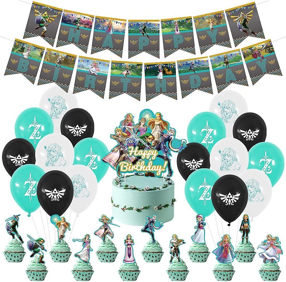 Ubiuo 32 Pcs Legend Of Zelda Theme Birthday Party Supplies, Party Decorations Happy Bithday Banner, Cupcake Toppers Latex Balloon For Game Theme Pa...