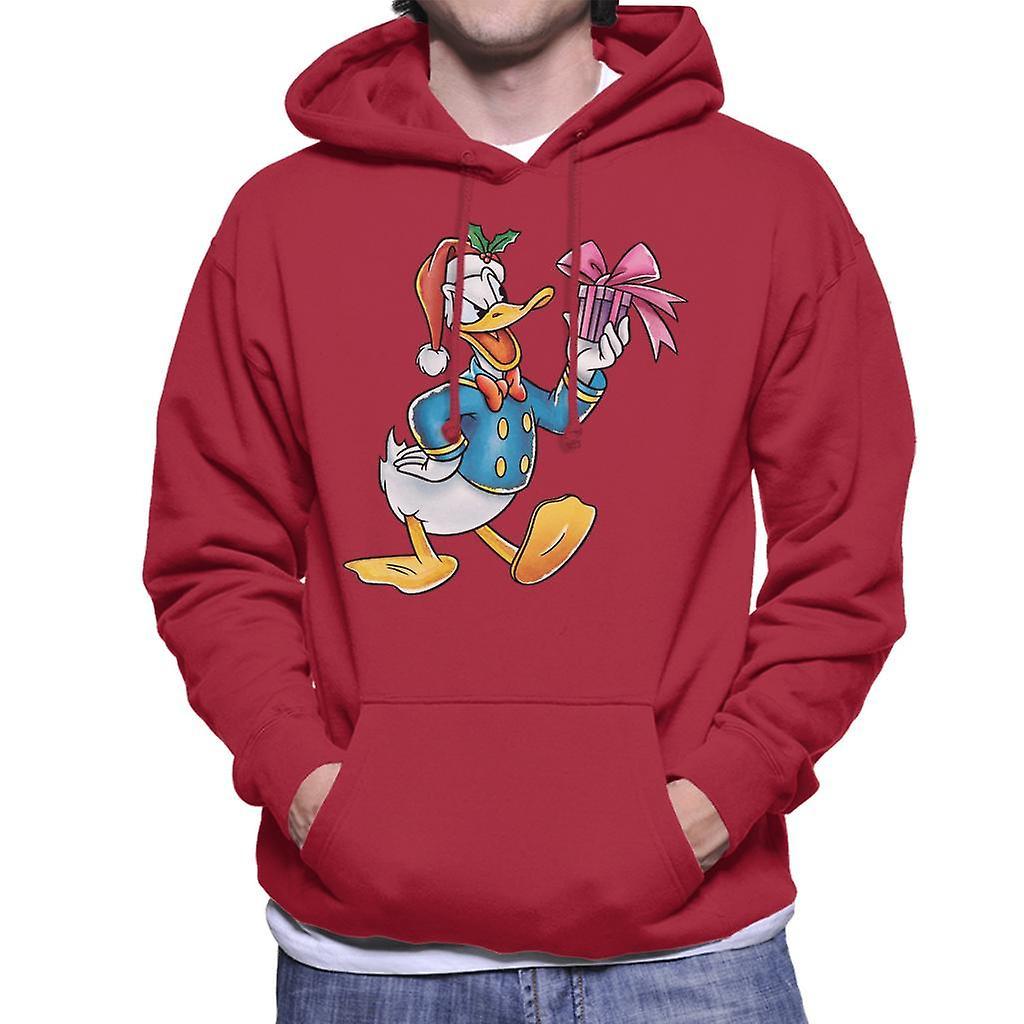 Disney Christmas Donald Duck Holding Present Men's Hooded Sweatshirt Cherry Red XX-Large