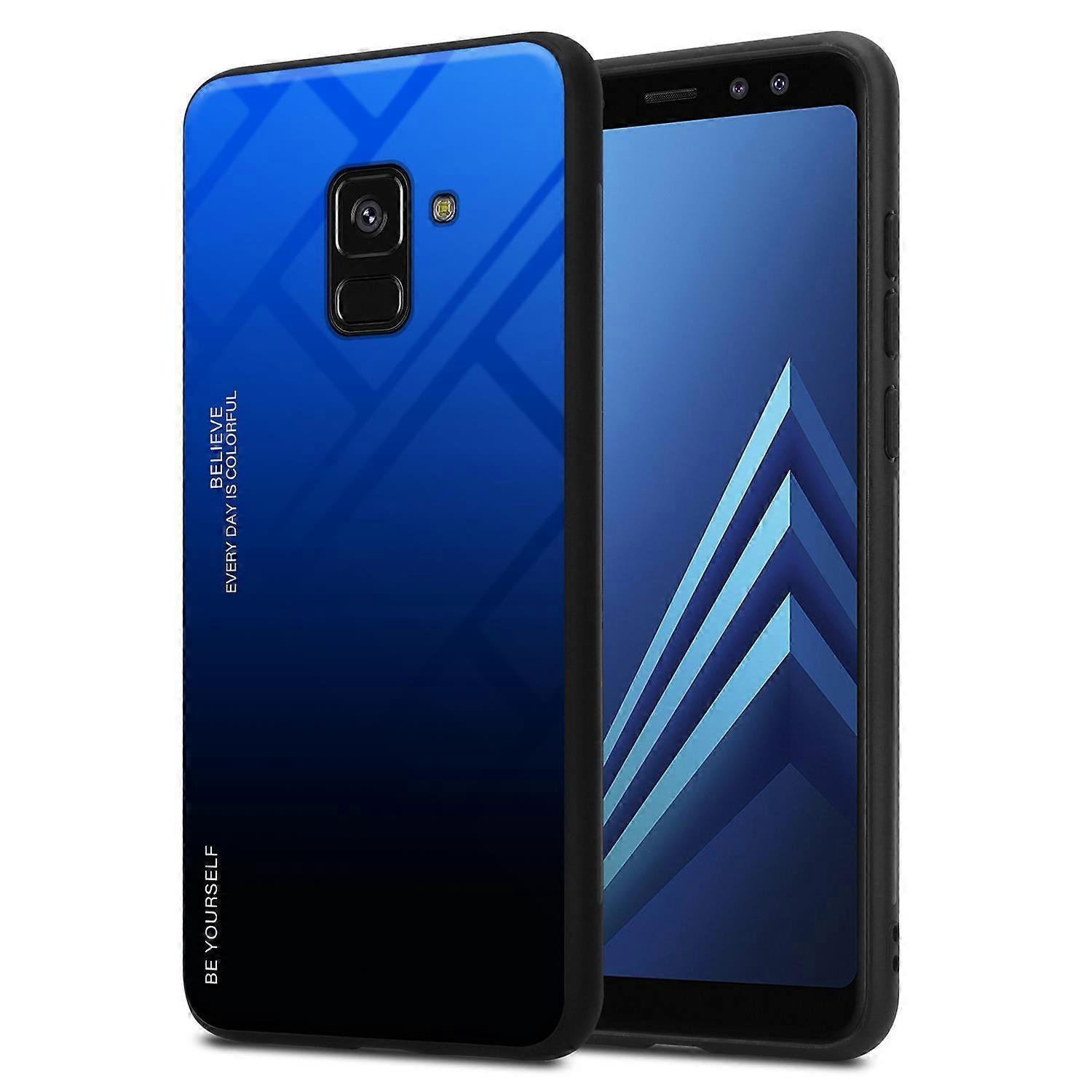 Samsung Galaxy A8 2018 TPU Case - Back Cover with Protective Glass - Two-Tone BLUE - BLACK