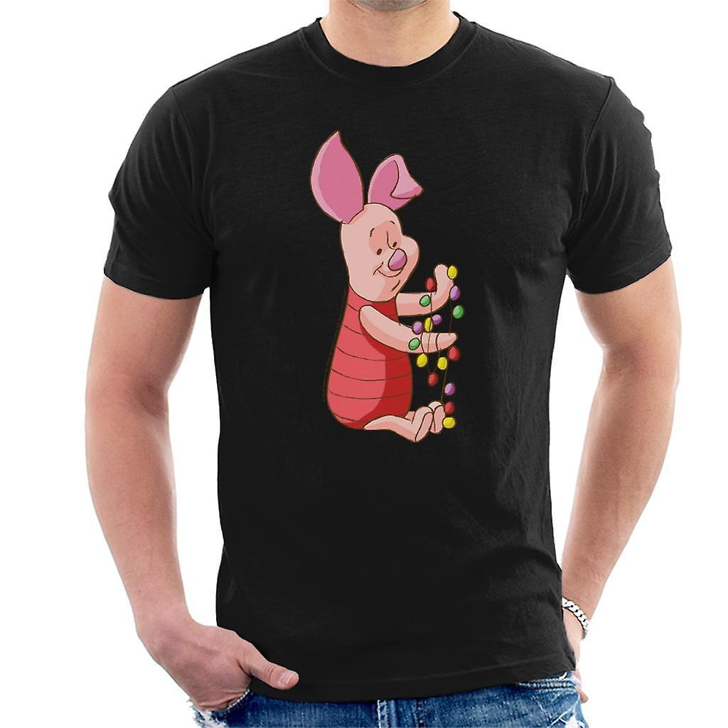 Disney Christmas Piglet Holding Festive Lights Men's T-Shirt Black XX-Large