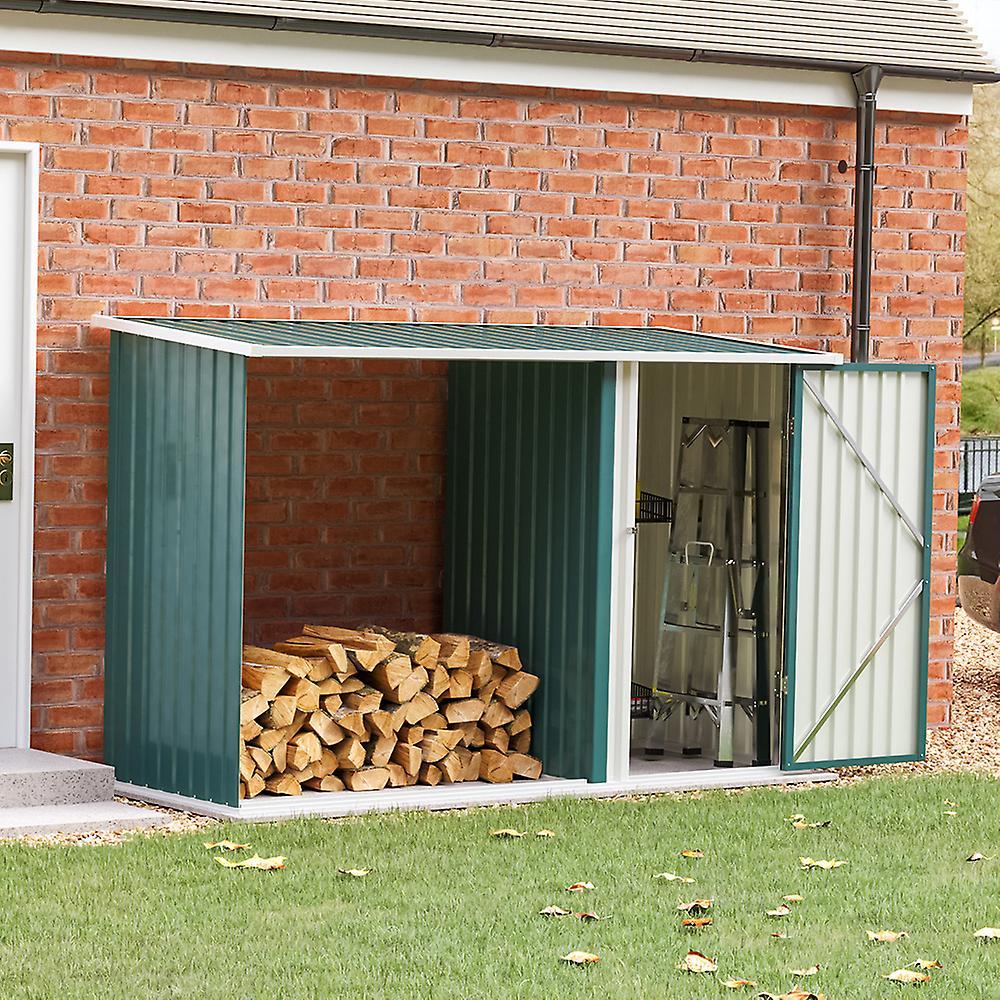 Living And Home Metal Garden Shed with Log Store Rack - Green 250x103x159cm