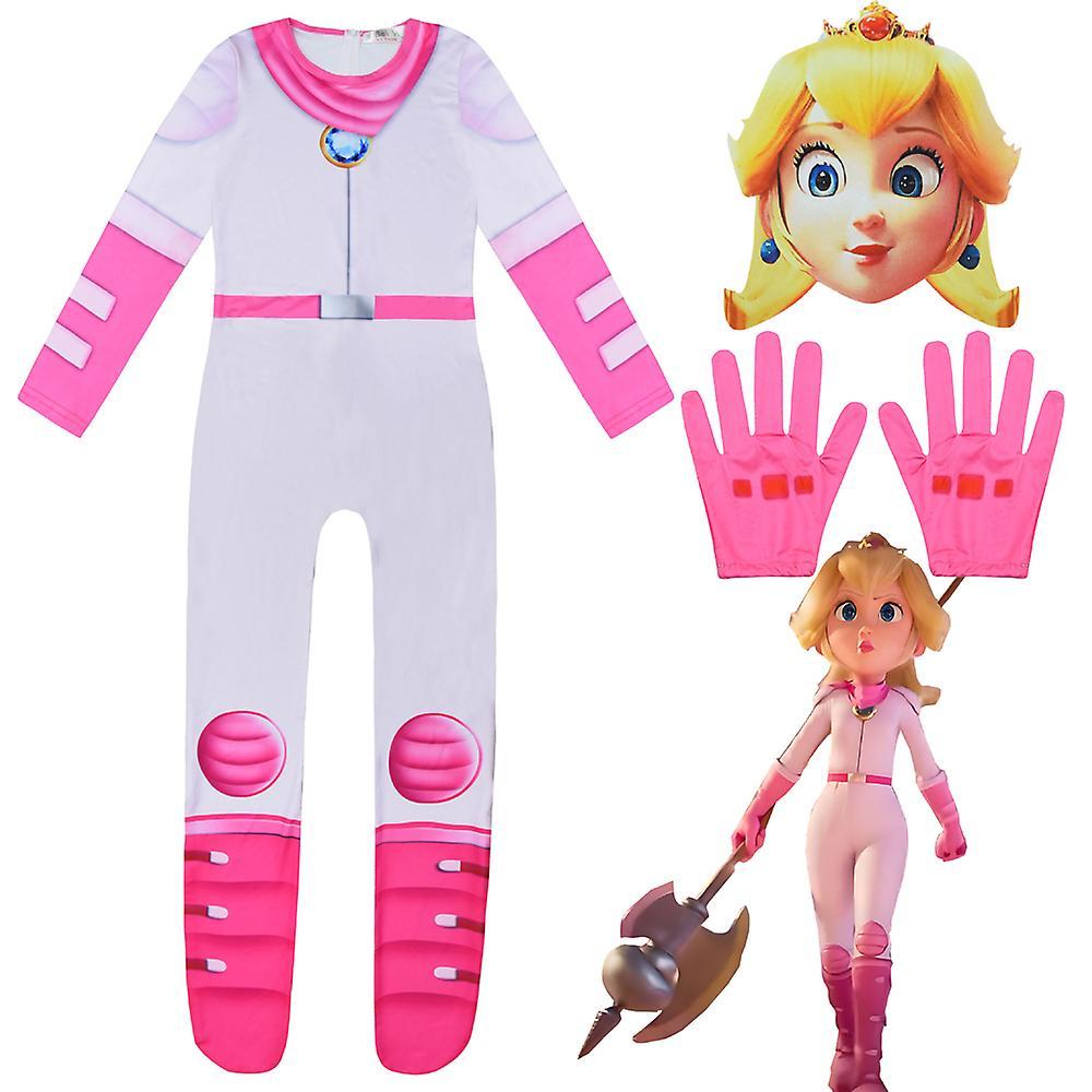 Waytogo Super Mario Bros Kids Children Girls Princess Peach Jumpsuit Costume Princess Party Cosplay Costume With Gloves Mask Set 9-10Y