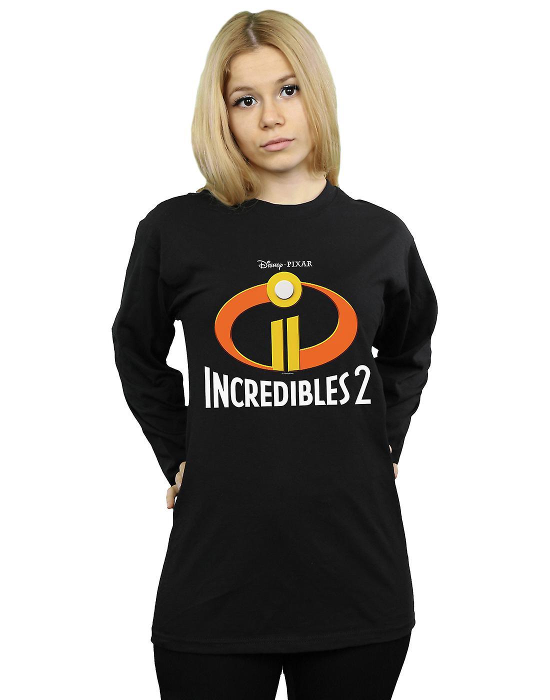 Absolute Cult Disney Women's Incredibles 2 Emblem Logo Boyfriend Fit Long Sleeved T-Shirt Black Large