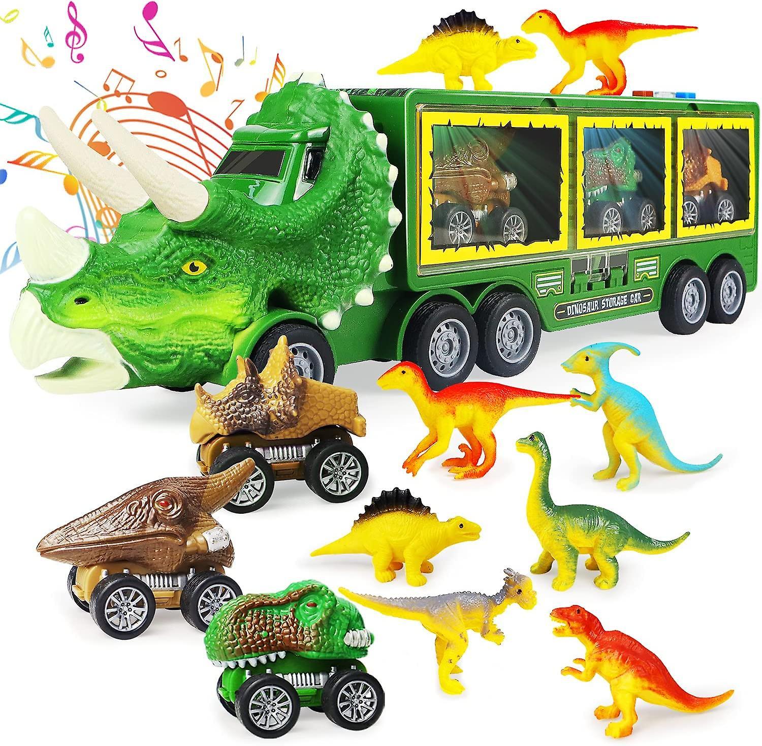 Wjiaer Dinosaur Toy Truck For Kids 3-7 With Flashing Lights, Music And Roaring Sound, 10 In 1 Dinosaur Toys For Boys And Girls, 3 Pull Back Dinosau...