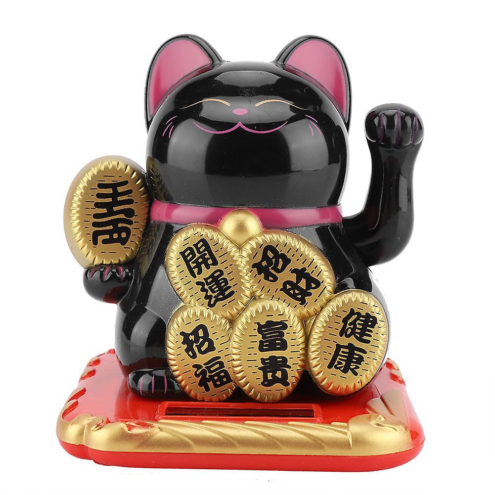 Solar Lucky Cat Solar Powered Lucky Beckoning Cat Home Car Decor(Black)