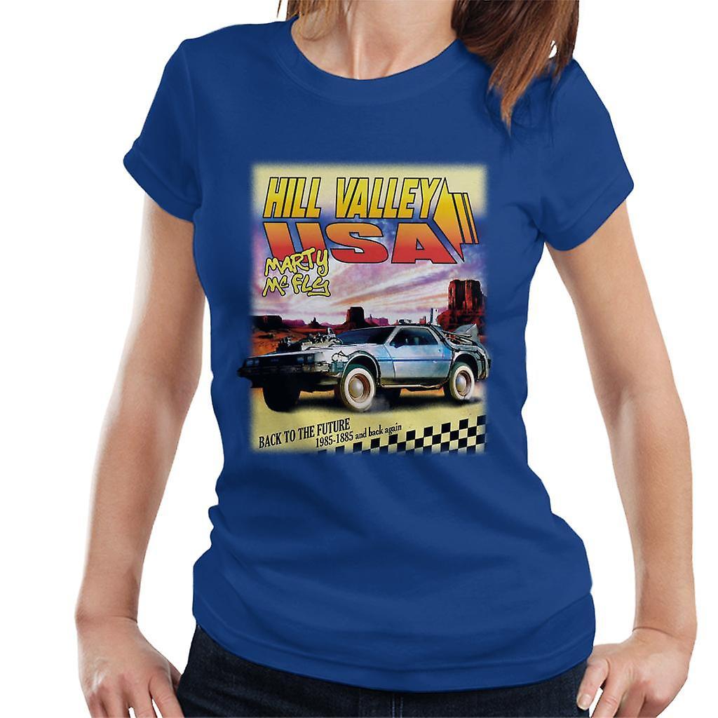 Back to the Future Delorean Hill Valley USA Marty Mcfly Women's T-Shirt Royal Blue XX-Large