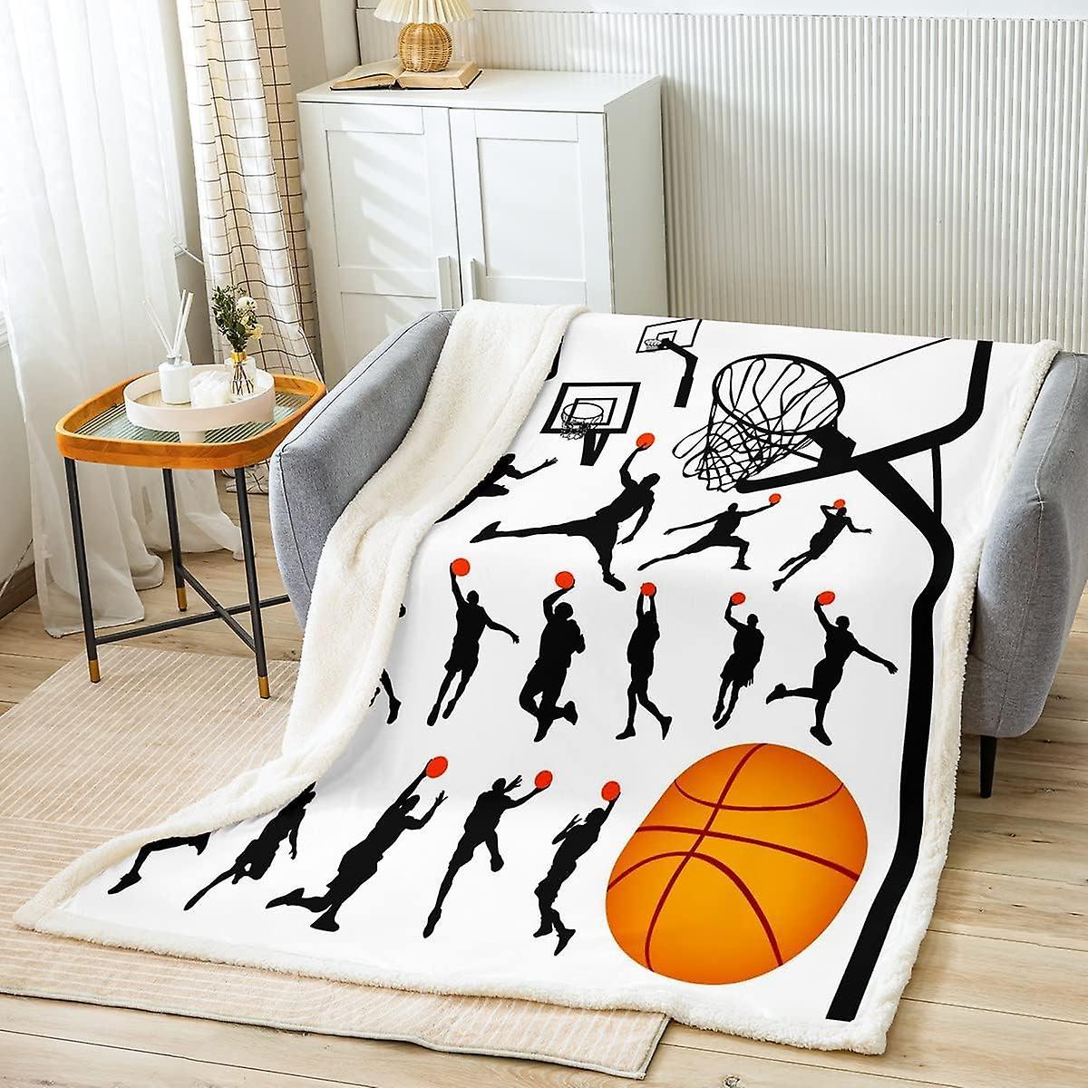 Kerota Basketball Fleece Throw Blanket Sports Plush Blanket for Bed Sofa Kids D Ball Sherpa Blanket Breathable Gift for Basketball Player Black Whi...