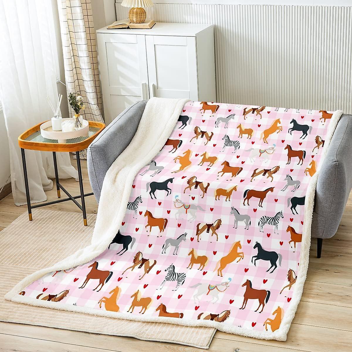 Kerota Horse Girls Fleece Throw Blanket Steed Zebra Sherpa Blanket for Kids Boys Heart Galloping Horse Printed Fuzzy Blanket for Sofa Bed Wild Anim...