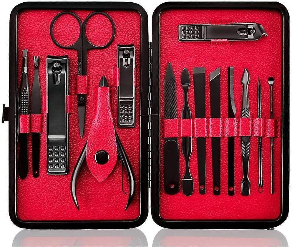 Ersam Manicure Set Nail Set Nail Clipper Kit Professional - Stainless Steel Pedicure Set Nail Grooming Kit of 15pcs with Case for Travel (Black/Red)