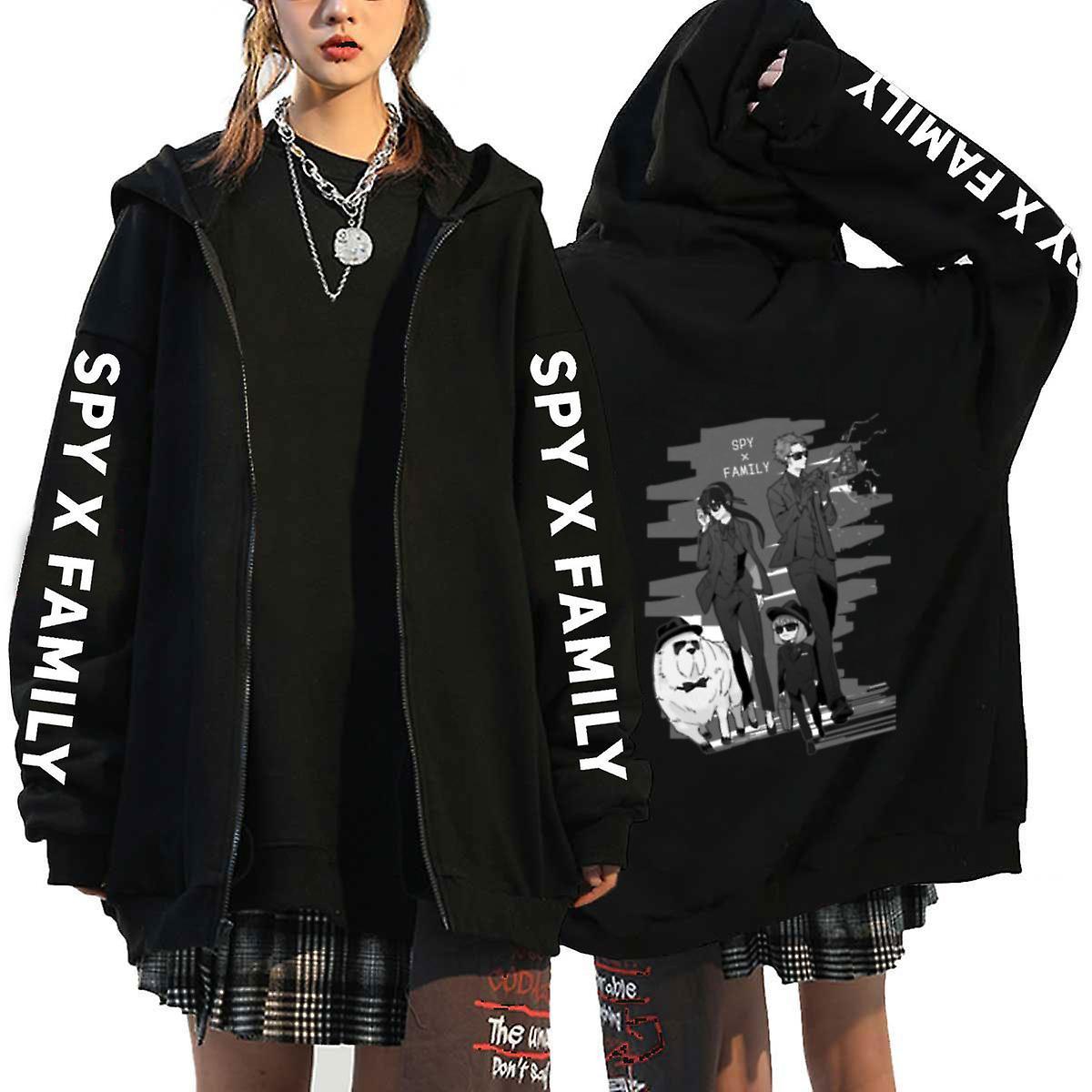 Jiechannel Harajuku Women Hoodies Autumn Winter Anime Spy X Family Printed Long Sleeve Loose Zipper Jacket Coat Male Oversized Sweatshirt Ks-black7 M