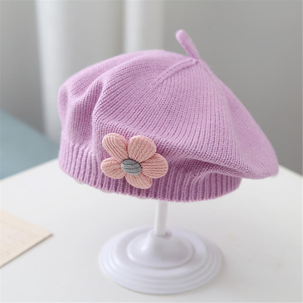 Sevenday Toddler Winter Warm French Berets Hats With Flower Baby Kids Girls Bonnet Hat Knitting Wool Artist Painter Cap Purple