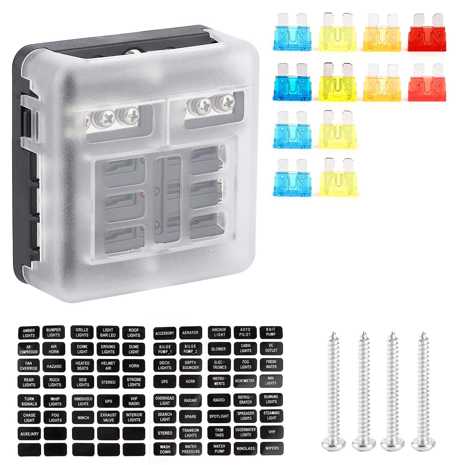 Fuse Box Blade Fuse Block Car Marine Boat 6-Way Blade Fuse Box Holder with LED Indicator Light