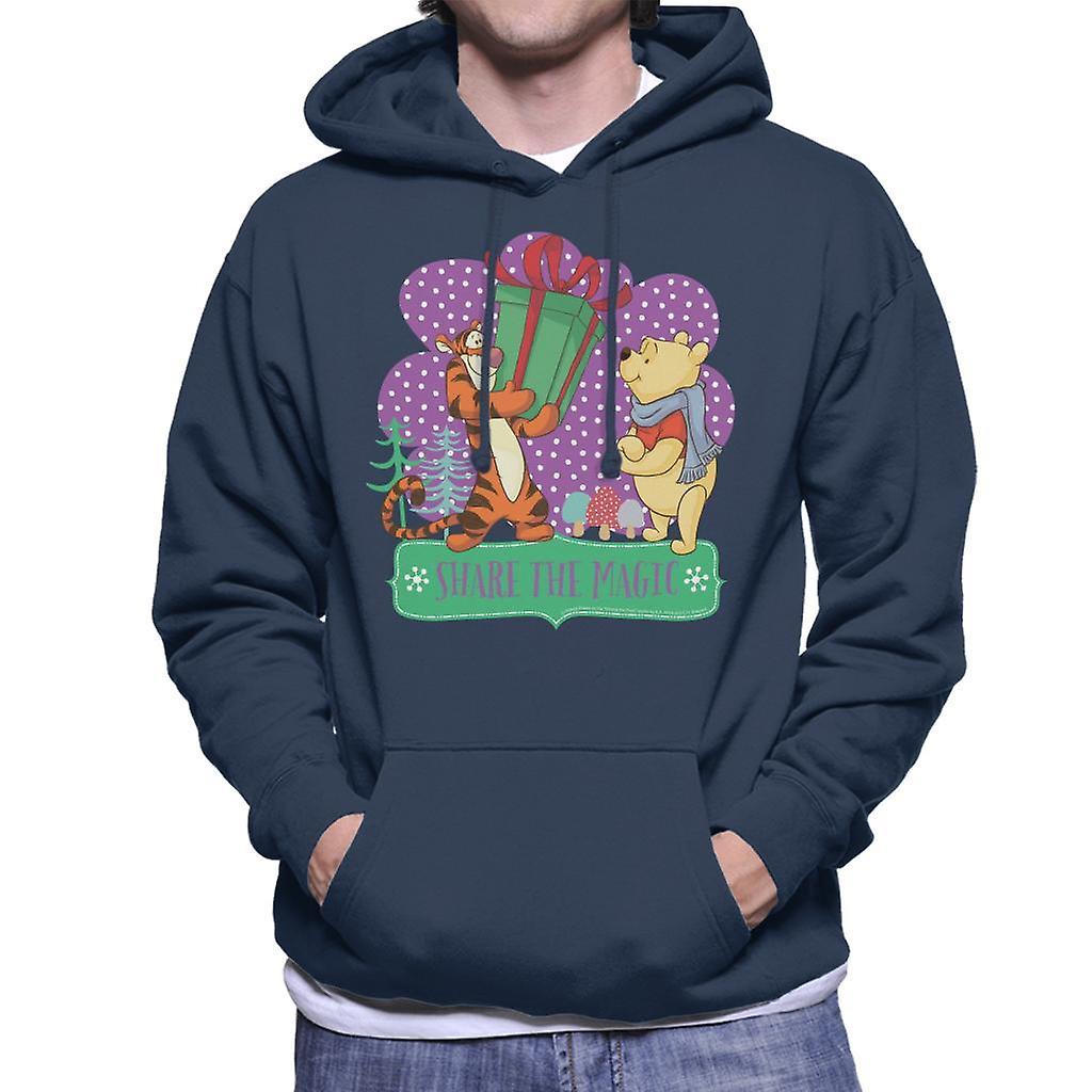 Disney Christmas Winnie The Pooh Share The Magic Men's Hooded Sweatshirt Navy Blue Large