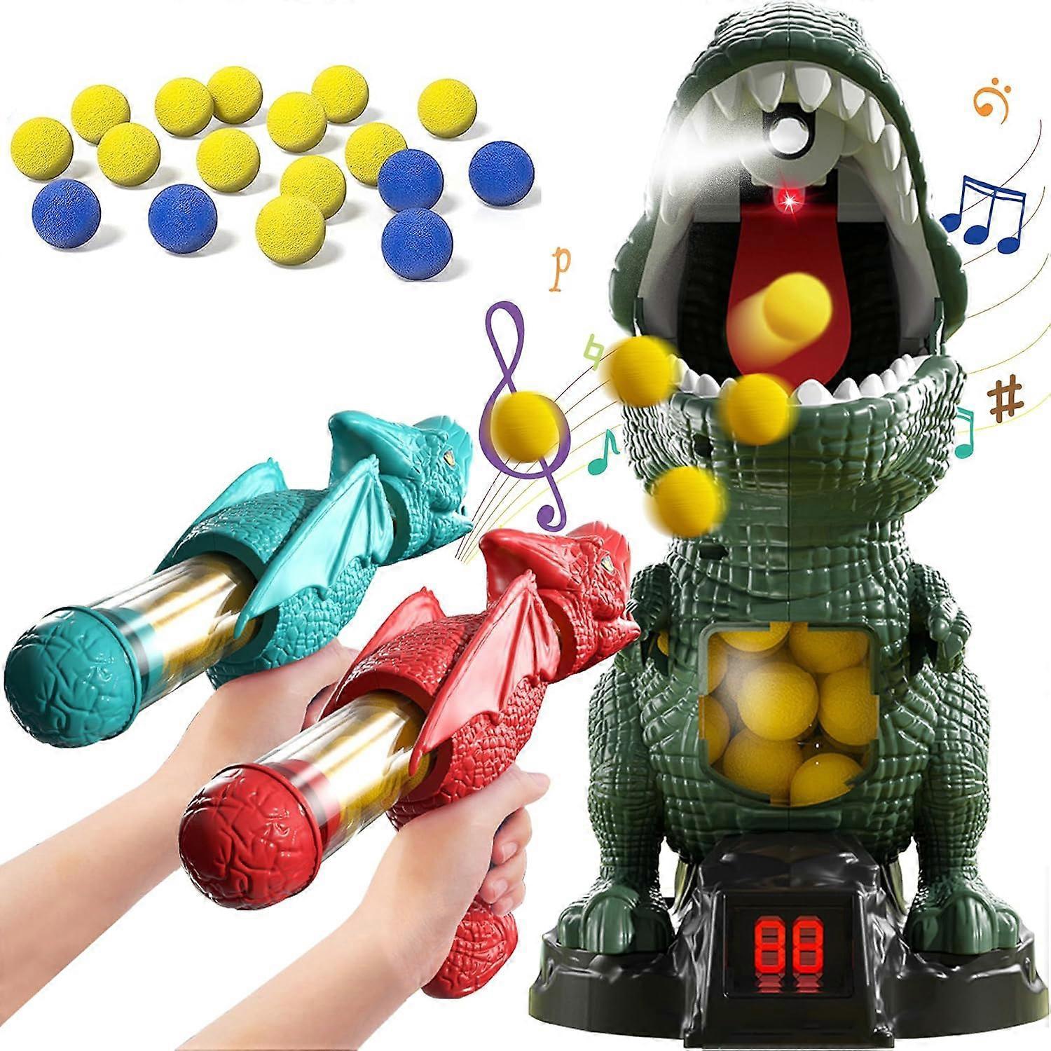 Longzhen Dinosaur Shooting Toys, Movable Target Shooting Game Dinosaur with 2 Air Pump Gun and 48 Foam Bullets, Score Record, Sound, gifts for Kids