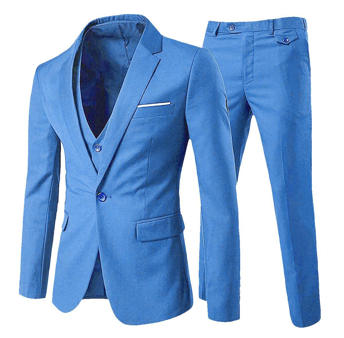 Allthemen Mens Suit 3-Piece Wedding Business Party Solid Color Slim One-button Suit (Blazer + Vest + Pants) Bright Blue L