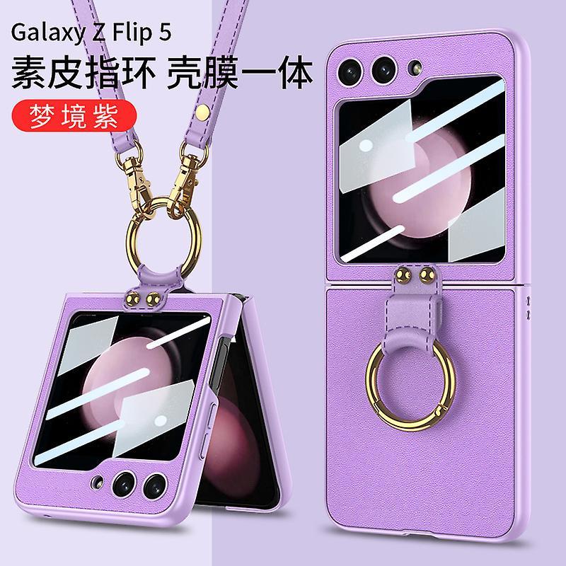 Frusde Ring Holder Z Flip 5 Case, Leather Case Compatible Samsung Galaxy Z Flip 5 With Screen Protector & Lanyard Crossbody Strap Purple