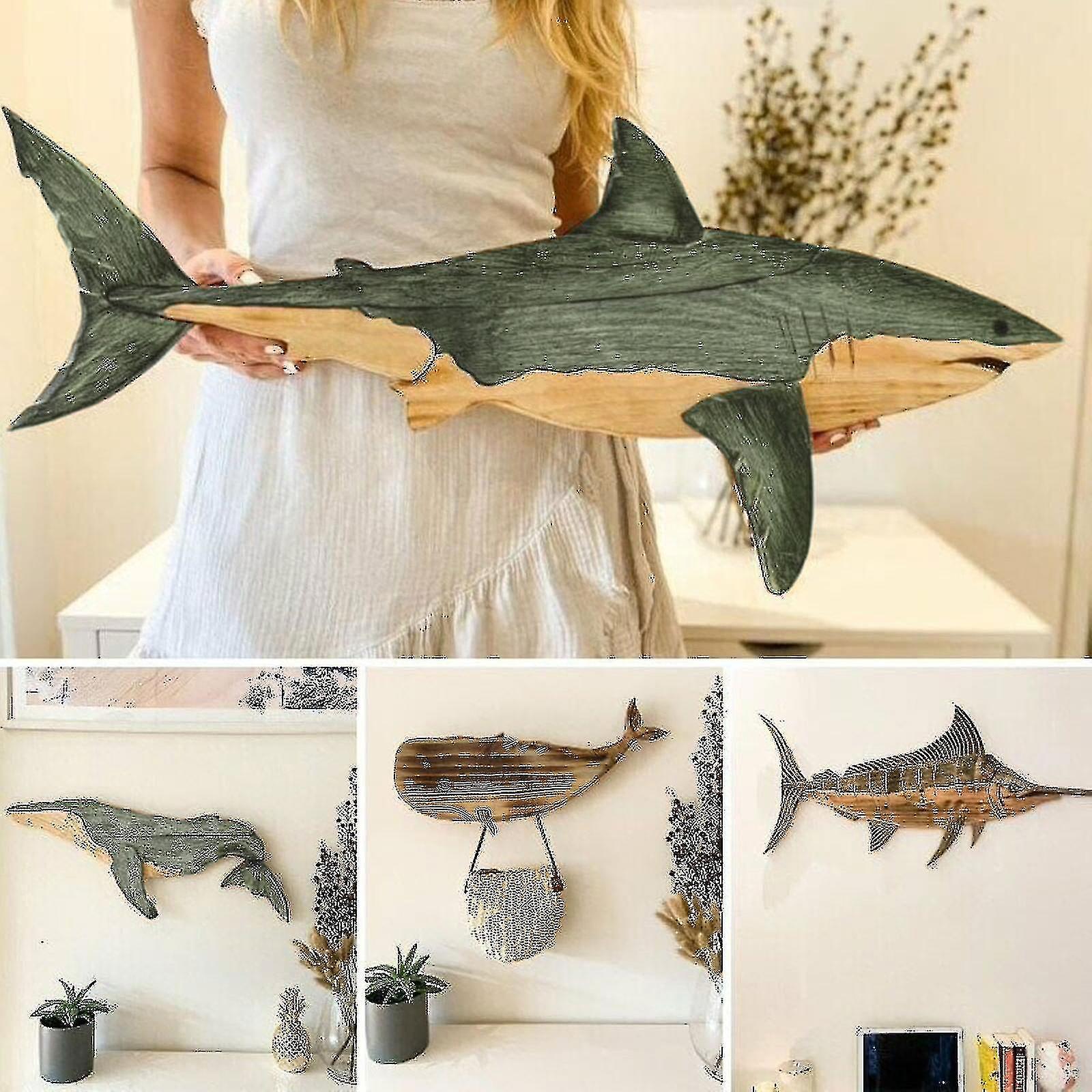 Bxs Wooden Whale Wall Decor - Coastal Ocean Sea Animal Sculpture, Home Art Decoration Great White Shark