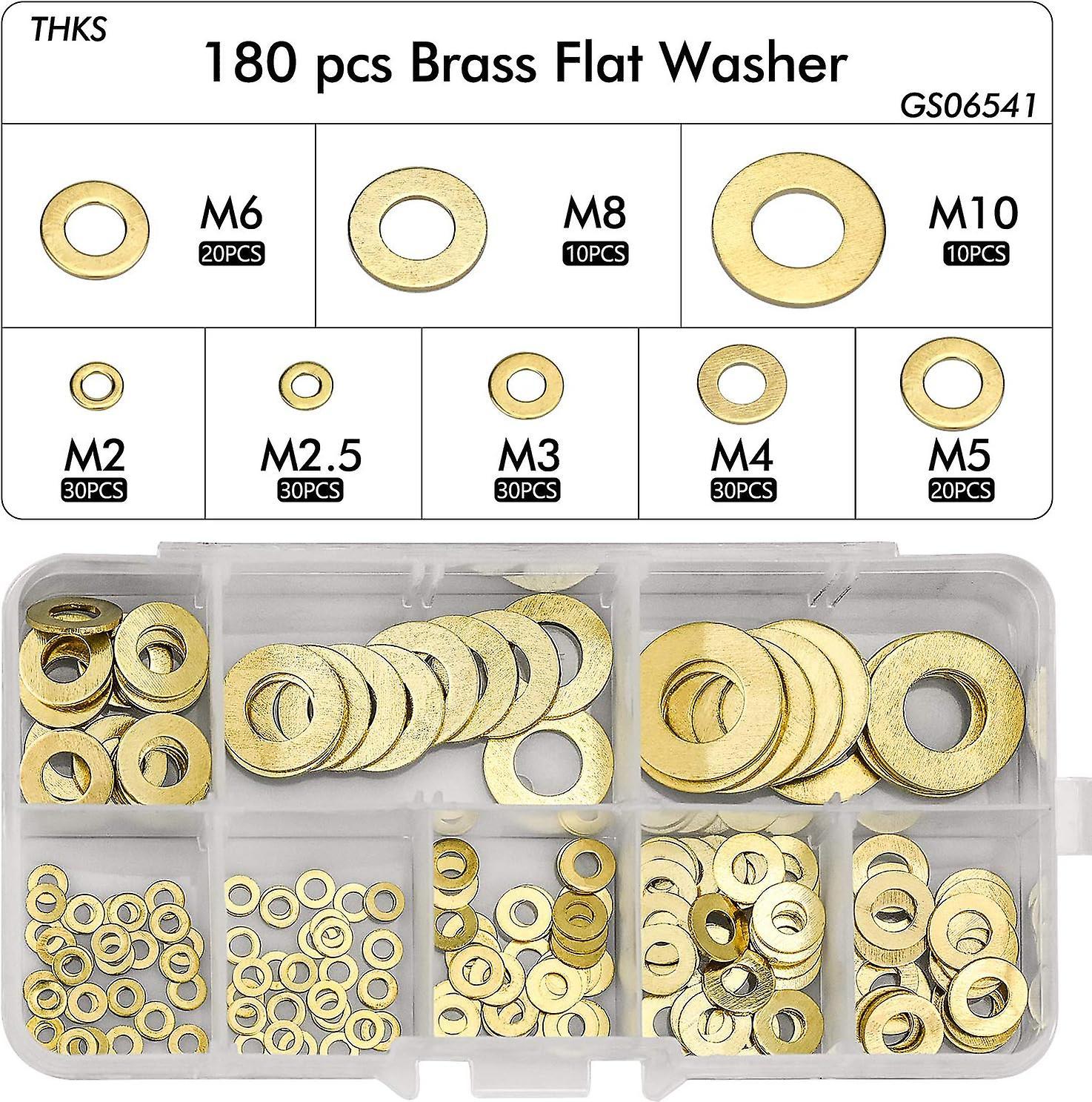 Tinor 180pcs Flat Washer, Brass Flat Washer Gasket Assortment, M2 M2.5 M3 M4 M5 M6 M8 M10 Flat Washer For Sealing Screws Sealing Rings-comes With Box