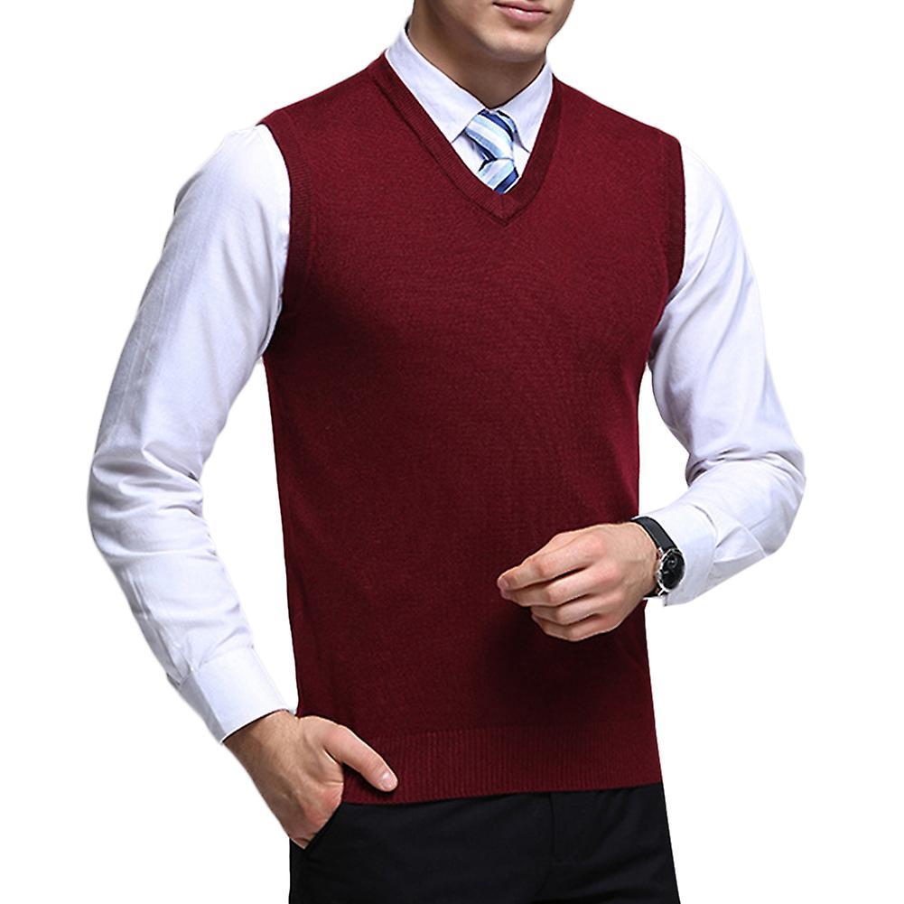 Allthemen Mens Casual Autumn V-neck Solid Knitted Waistcoat Red L