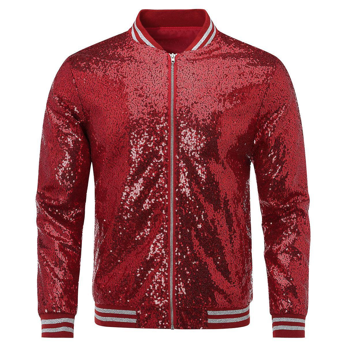 Allthemen Mens Sequins Casual Zipper Party Bomber Jacket Red L