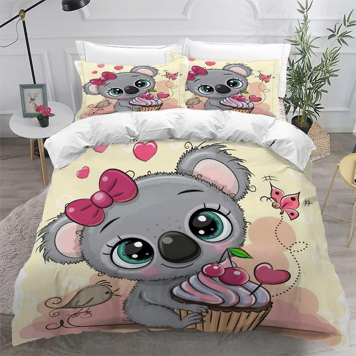 Kerota Children's Duvet Cover Koala 3D Printed Girl Bedding Set for 1 Person Cartoon 3 Pieces Comfortable Soft Microfiber with Zipper Bedding and 2...