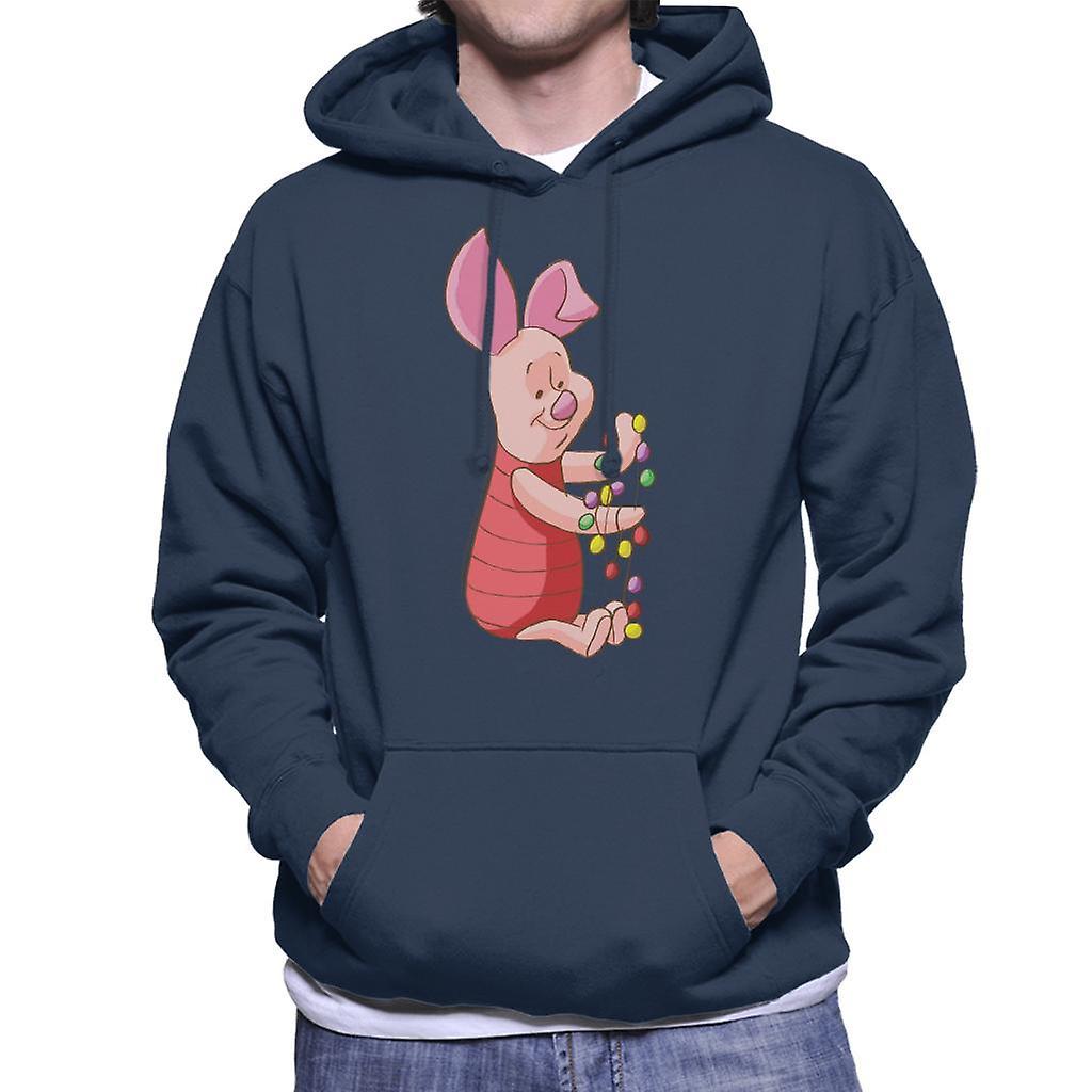 Disney Christmas Piglet Holding Festive Lights Men's Hooded Sweatshirt Navy Blue XX-Large