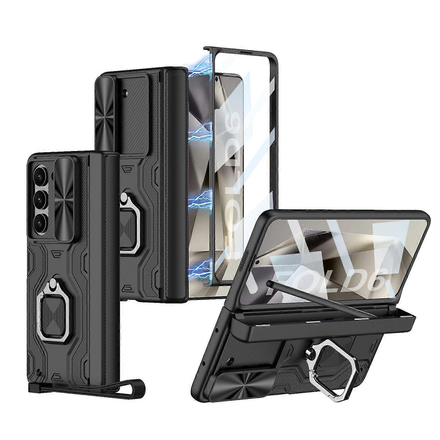 Unbrand Hinge Protection 360 Full Body Rugged Case For Samsung Galaxy Z Fold 6 With S Pen Holder & Ring Kickstand & Slide Camera Cover Black