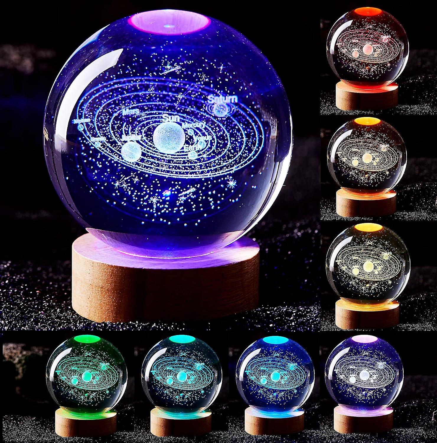 Heytea 3d Solar System Crystal Ball Lamp,3.15 Inch K9 Crystal Ball Night Light With Wooden Base,16 Colors Changing With Remote Contro