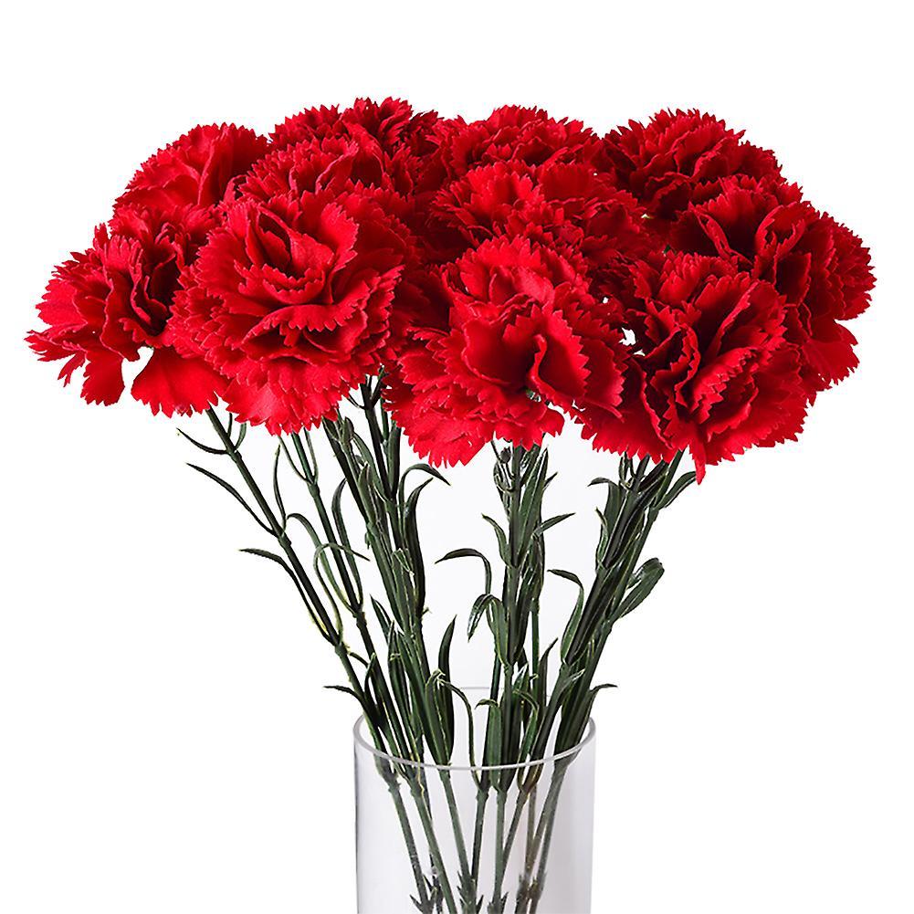 Eforcase 10 Bunches Bouquet Of Artificial Silk Flower Carnations, 21 Inch Red Carnations, Fake Flowers Single Flower Head Bouquet And Green Leaf Fo...