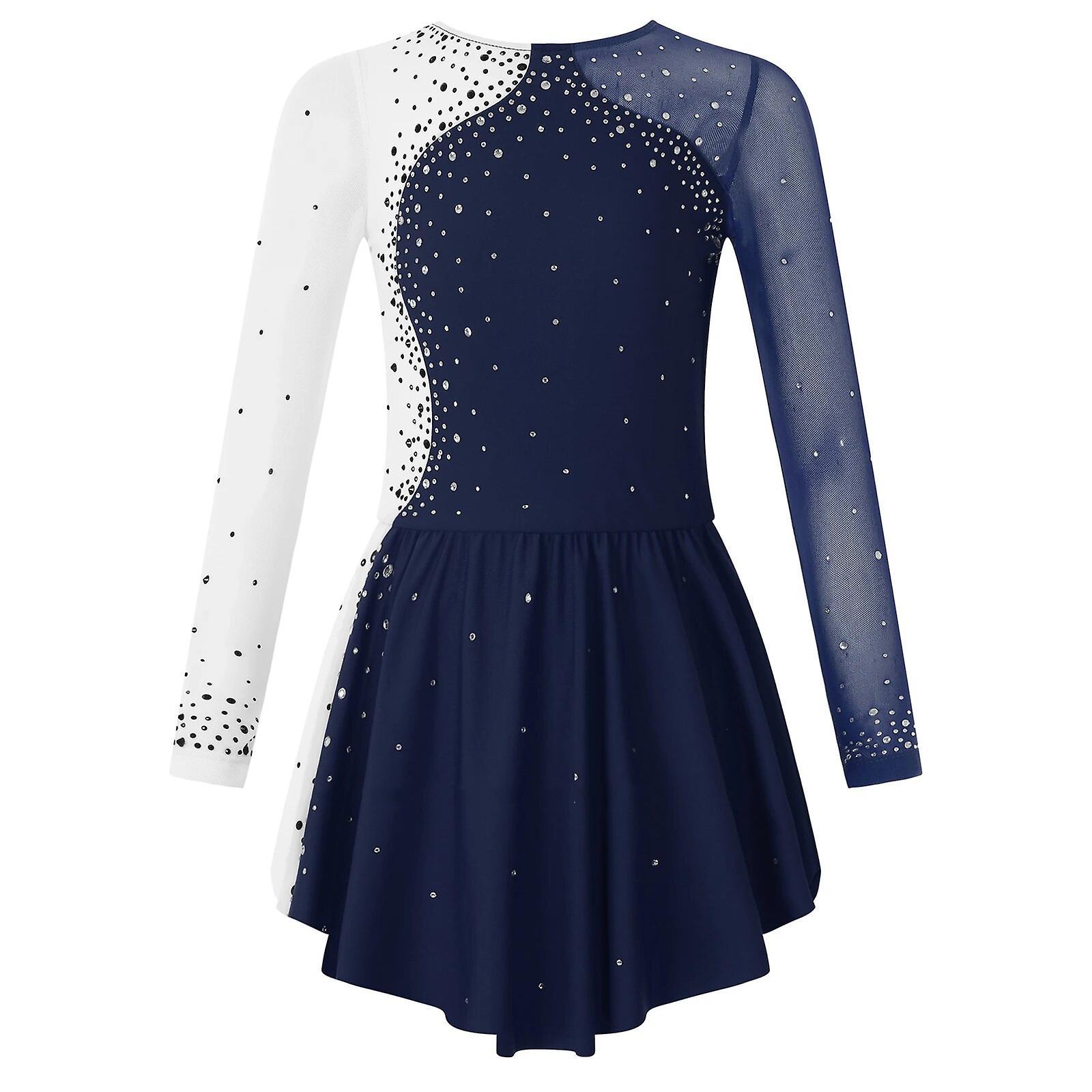 Aionyaaa Kids Long Sleeve Shiny Rhinestone Figure Skating Dress Ballet Gymnastics Dance Leotard Dress Elegant Girls' Lyrical Dancewear 16 Navy Blue