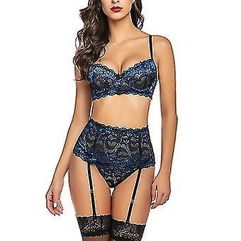 jiabeishi Women Lingerie Set High Waisted Underwire Lingerie With Garter Belt Lace Sexy Lingerie Blue/bl XL Blue