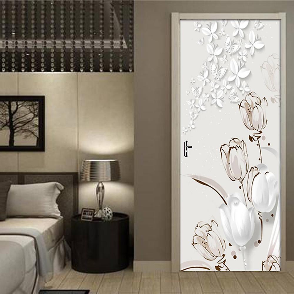 Dewenwils Dww-Autocollant de porte effet 3D fleur blanche abstraite (77x200 cm), autocollant mural intrieur en PVC pour dcoration murale salon cuis...