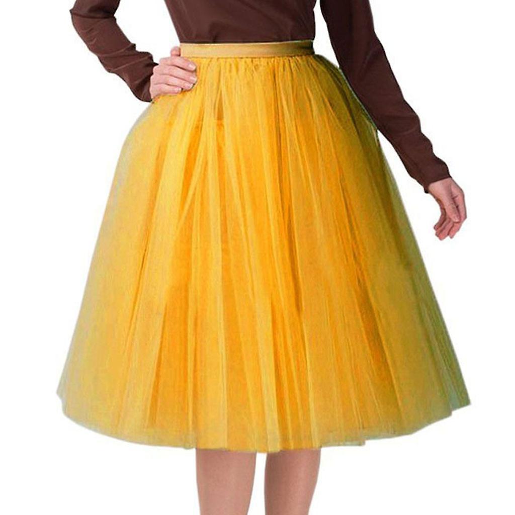 Hongy Womens High Quality Pleated Gauze Knee Length Skirt Adult Tutu Dancing Skirt Yellow Free Size