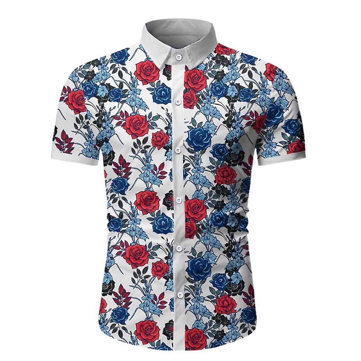 Allthemen Mens Summer Lapel Casual Floral Short-Sleeved Shirt White S