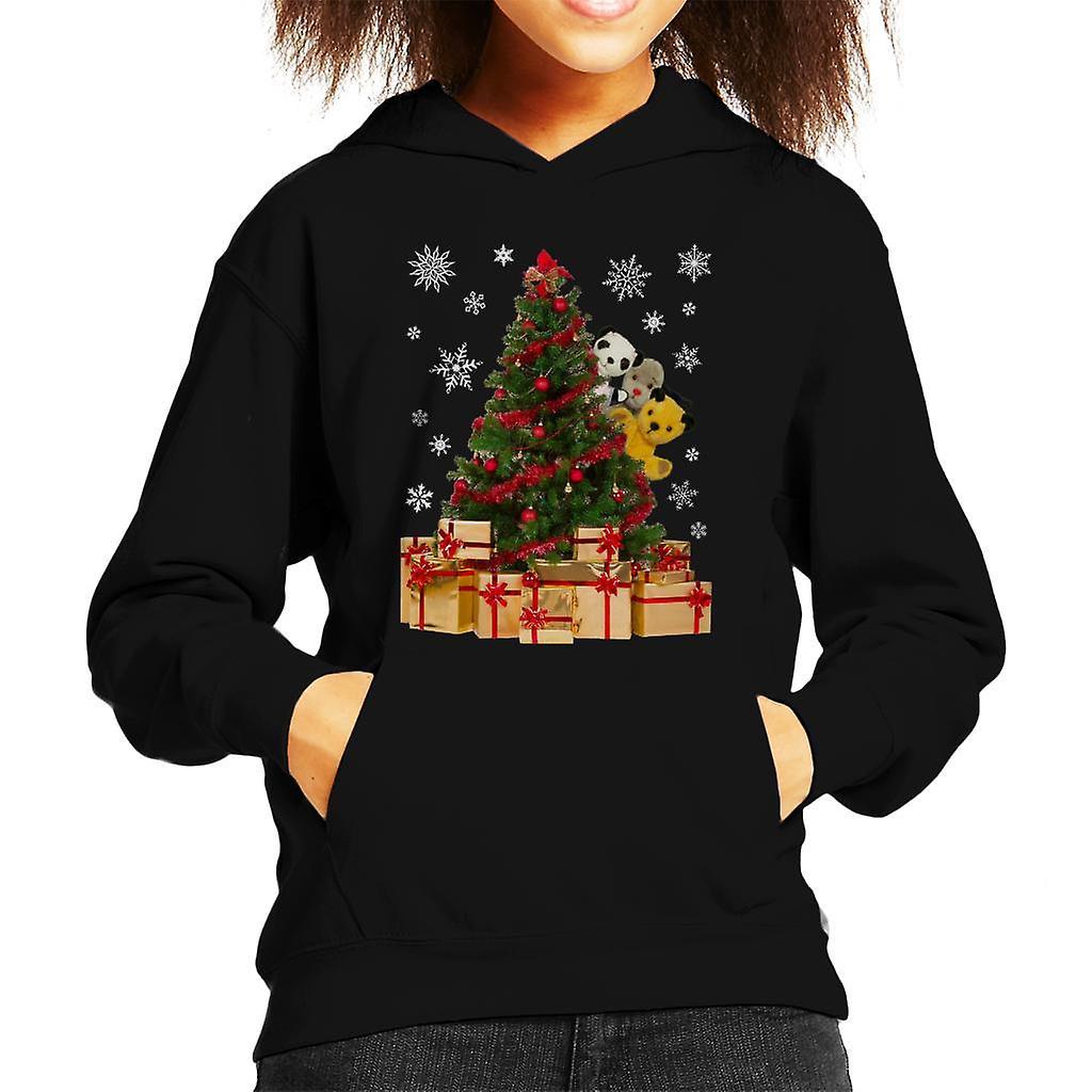 Sooty Christmas Characters Peeking Around Xmas Tree Kid's Hooded Sweatshirt Black Medium (7-8 yrs)