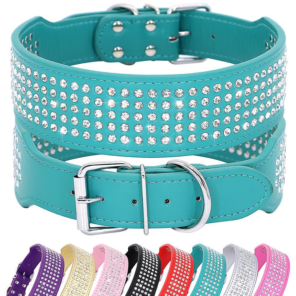 Didog 5 Row Rhinestone PU Leather Dog Collars Diamante Bling for Large Dogs 2.0" wide Green L:Neck 43-50cm