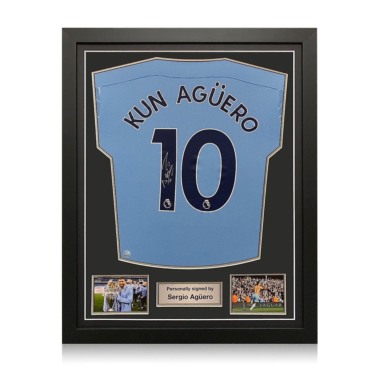 Exclusive Memorabilia Sergio Aguero Signed 2020-21 Manchester City Football Shirt (Silver). Standard Frame