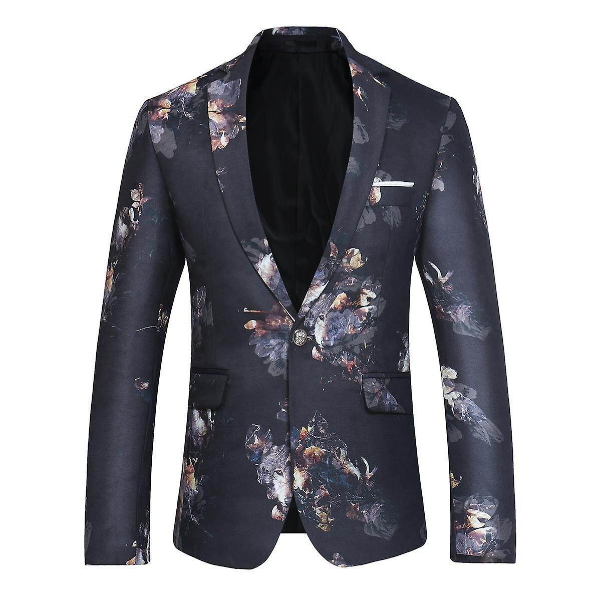 Allthemen Mens Casual One Button Floral Blazer Black M