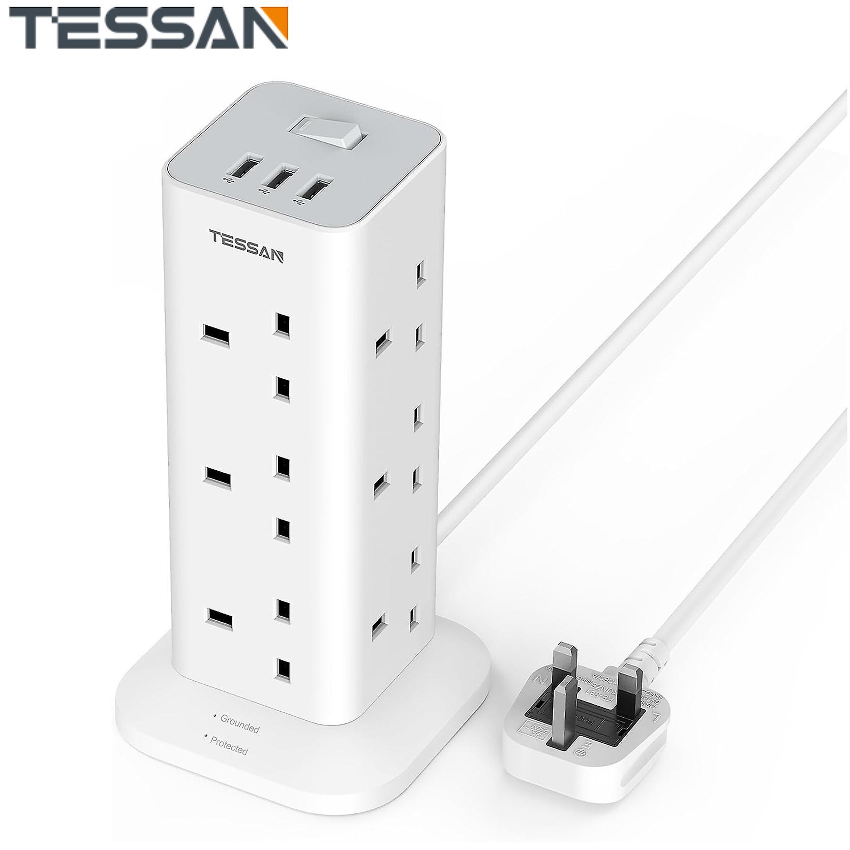 Tessan Tower Extension Lead with 3 USB Slots, 12 Way Multi Plug Extension Sockets with Switch and Surge Protected