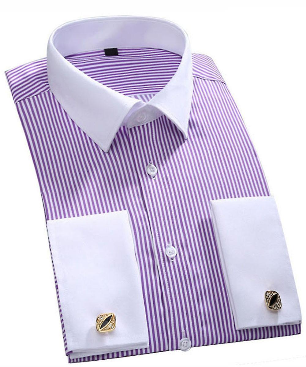 Allthemen Mens Business Four Season Slim Fit Solid Shirt Purple/White M