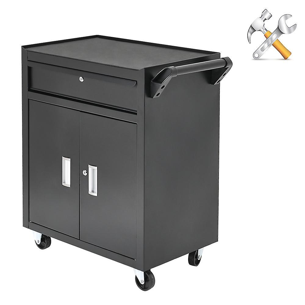 Living And Home Workshop Tool Trolley with Double Door Lockable Garage Tool Cabinet Trolley with Drawer and Swivel Black