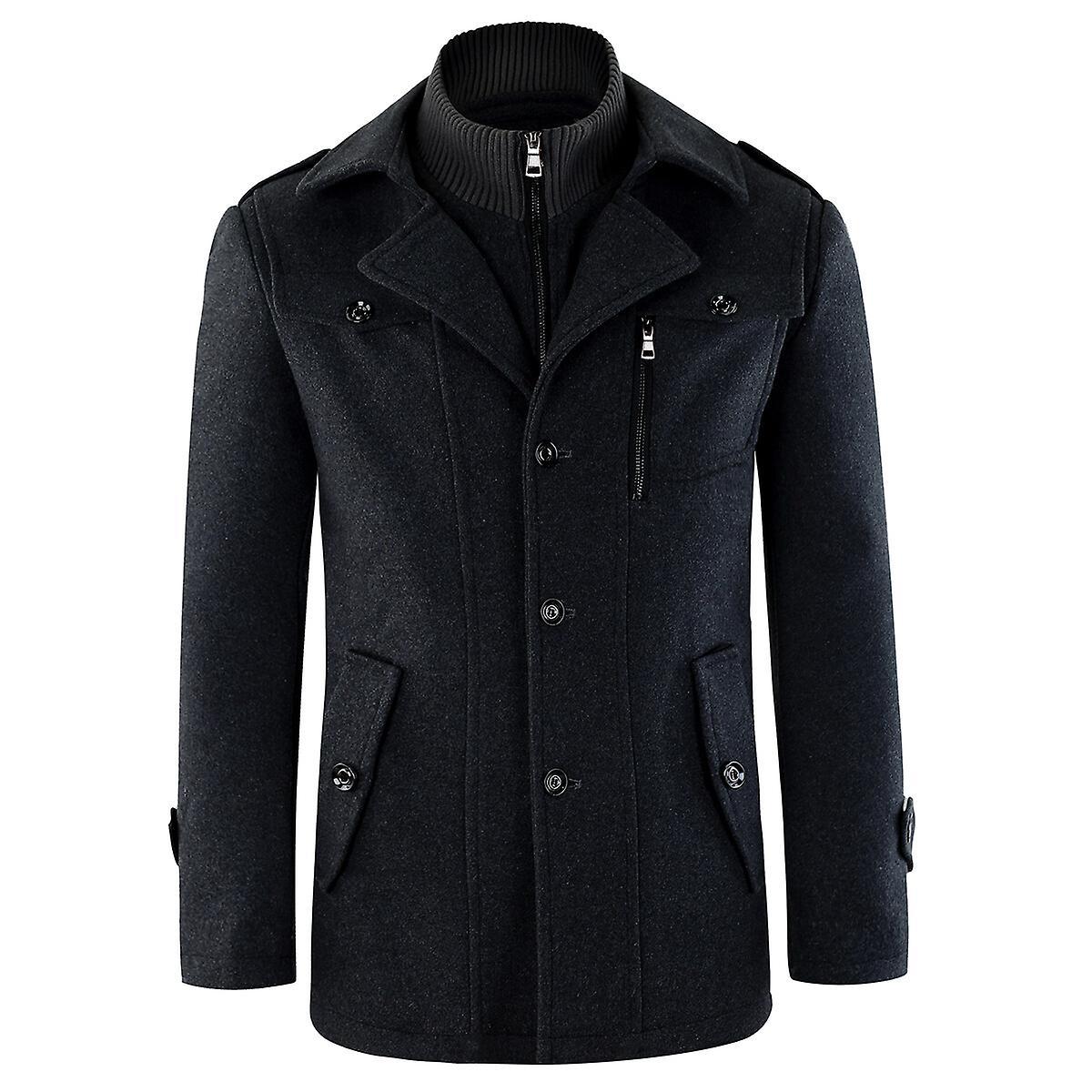 Sliktaa Mens Double Collar Pocket Pea Coat Black S