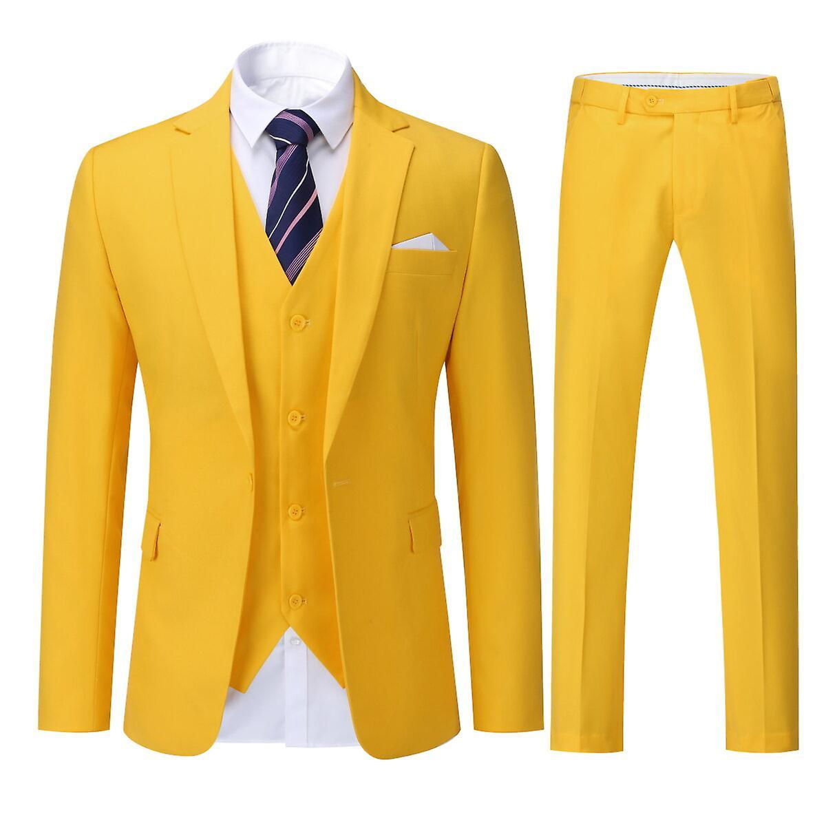 Allthemen Mens 3-Piece Solid Color Business One Button Lapel Blazer Vest Pants Yellow L